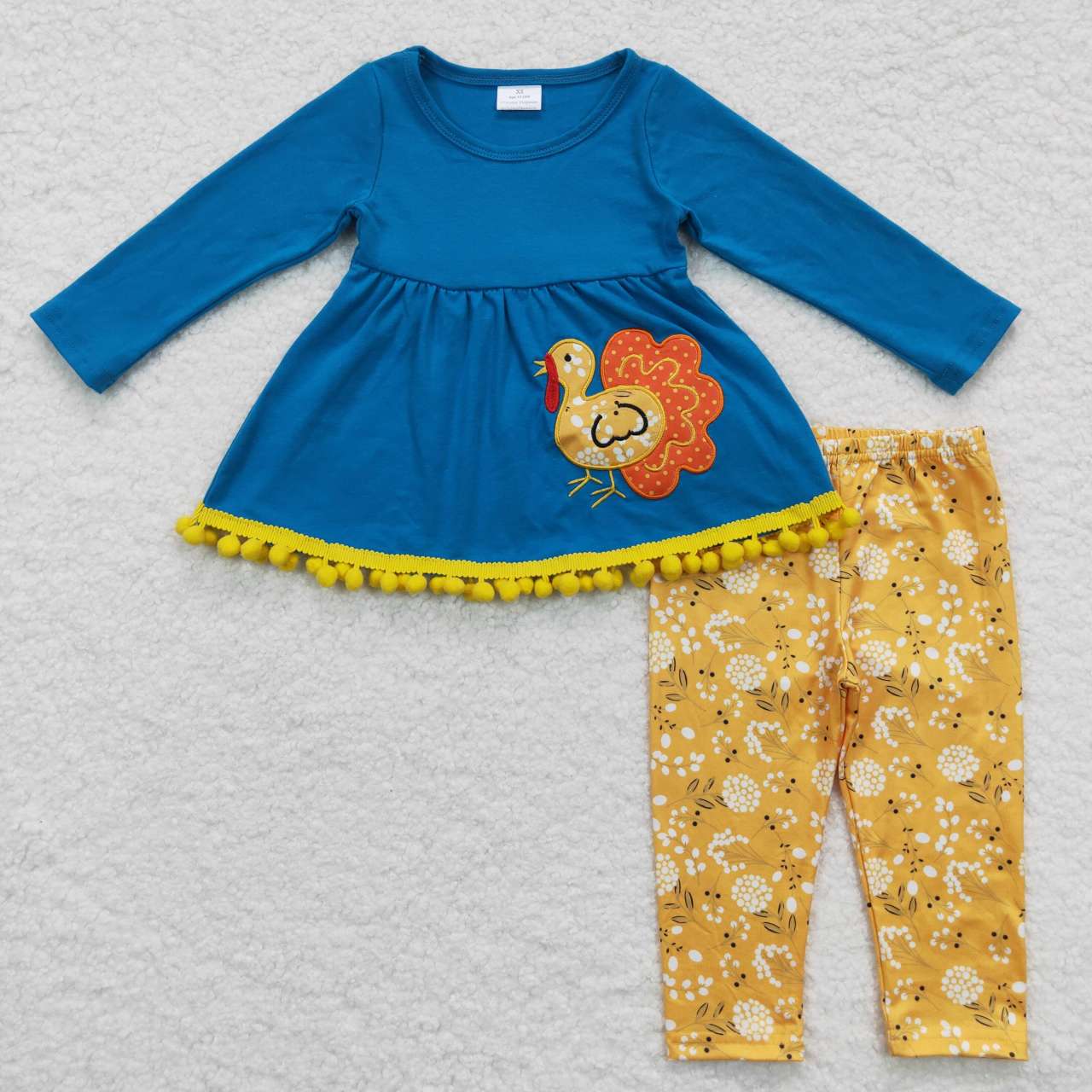 Sibling Baby Girls Embroidery Turkey Long Ruffle Sleeves Pants Thanksgiving Clothes Sets