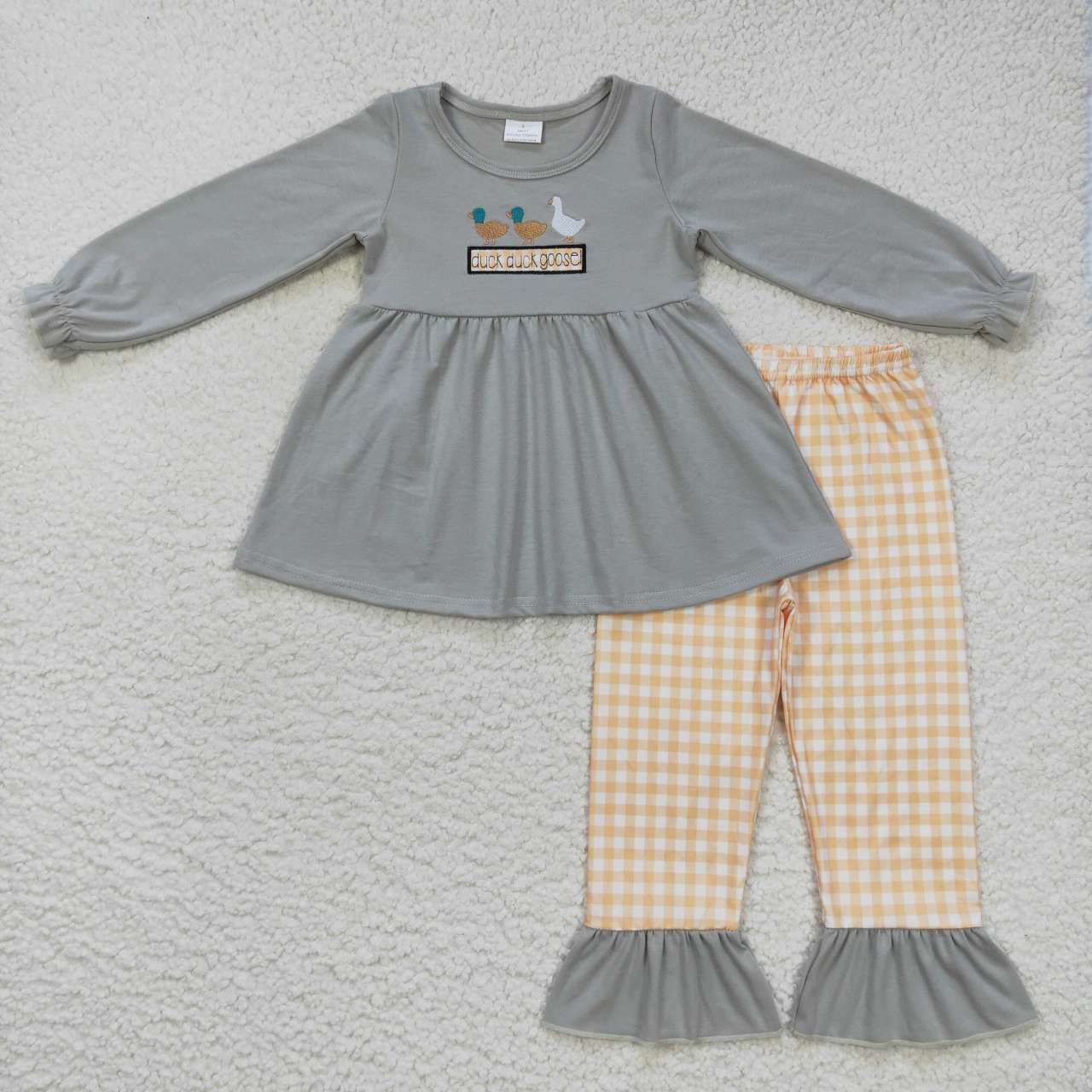 Sibling Baby Boys Girls Embroidery Ducks Goose Checked Pants Clothes Sets