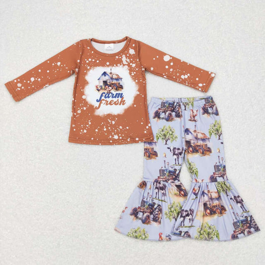 GLP0728 baby girl clothes farm tractor bell bottom outfit