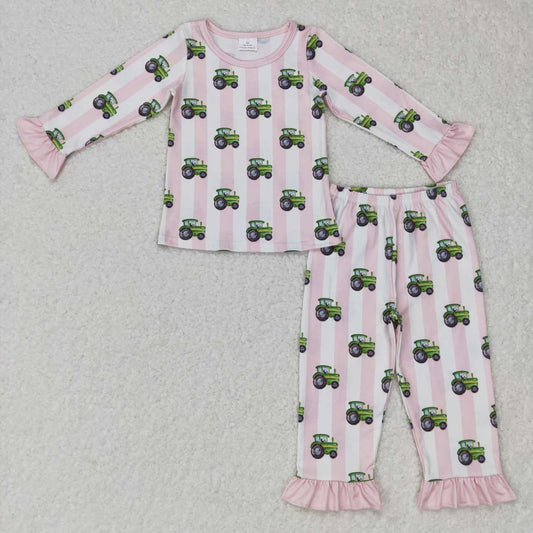 GLP0776 baby girl Tractor pink and white girl pajamas set