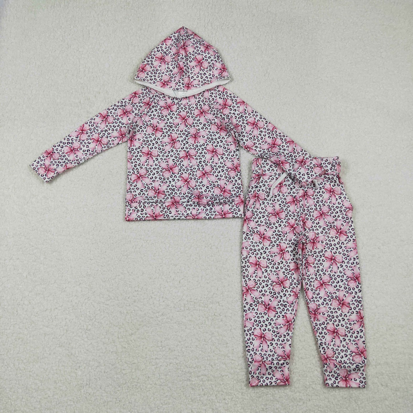 GLP0854 Baby Girls Pink Leopard Bows Hoodies Pockets Leggings Clothes Sets