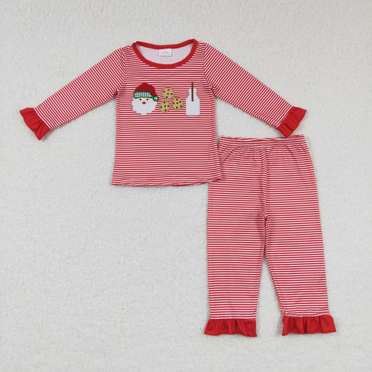 GLP0873 girl Embroidered Santa Milk Cookies print pajamas set