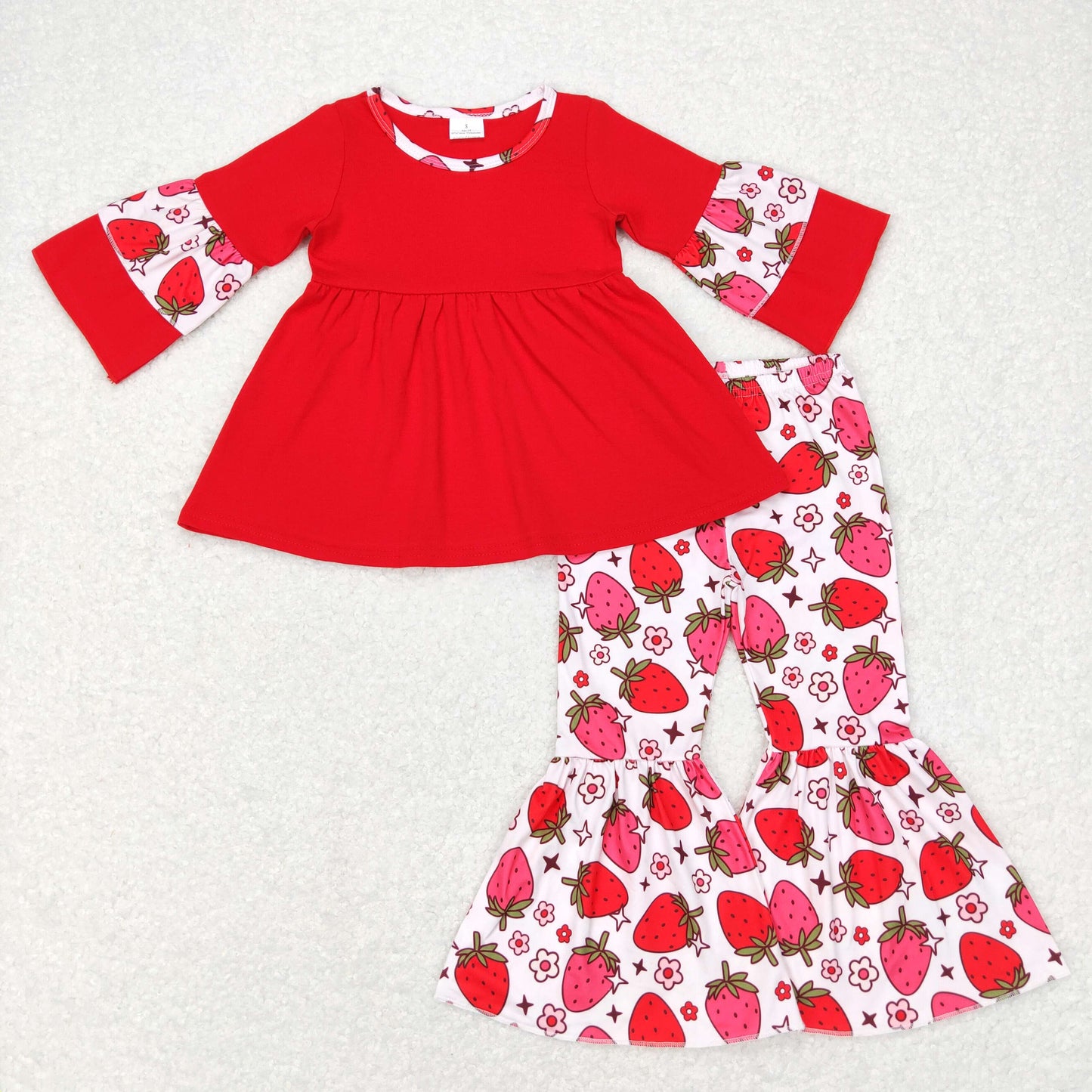 Sibling Baby Girls Strawberry Flowers Top Bell Bottom Pants Clothes Sets Rompers