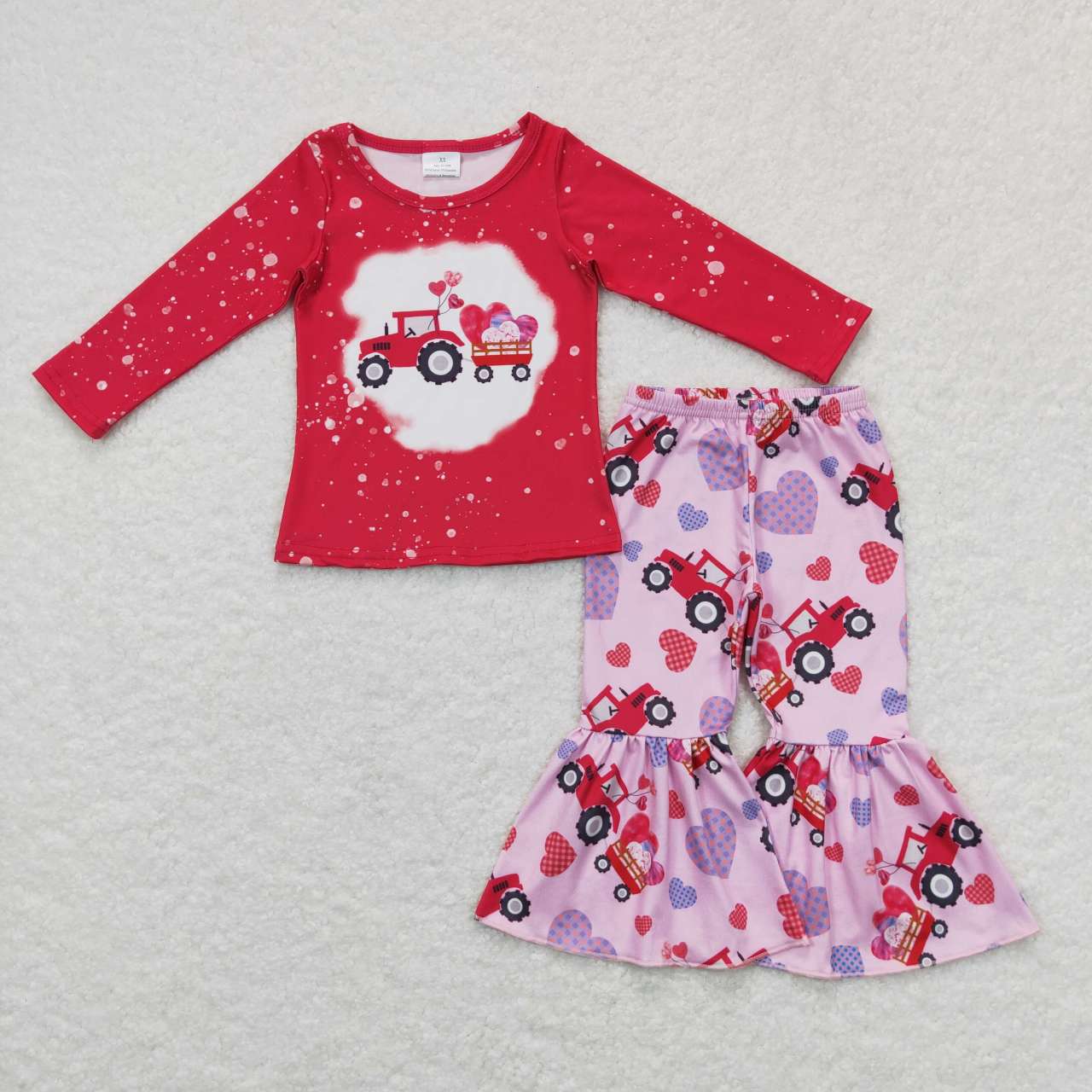 Sibling Baby Kids Hearts Trucks Top Bell Bottom Pants Valentine Pajamas Clothes Sets Rompers