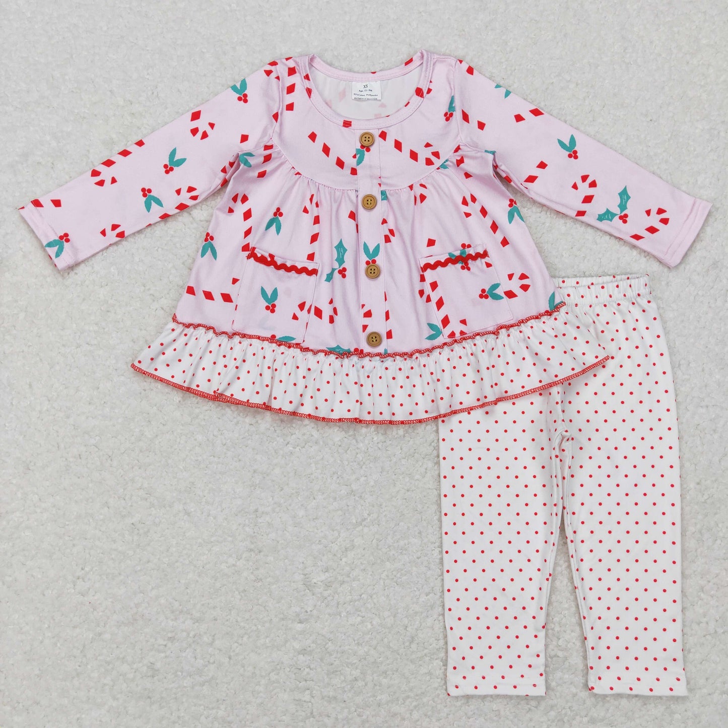 Sibling Baby Girls Santa Candy Cane Trees Pockets Button Tunic Pants Christmas Clothes Sets