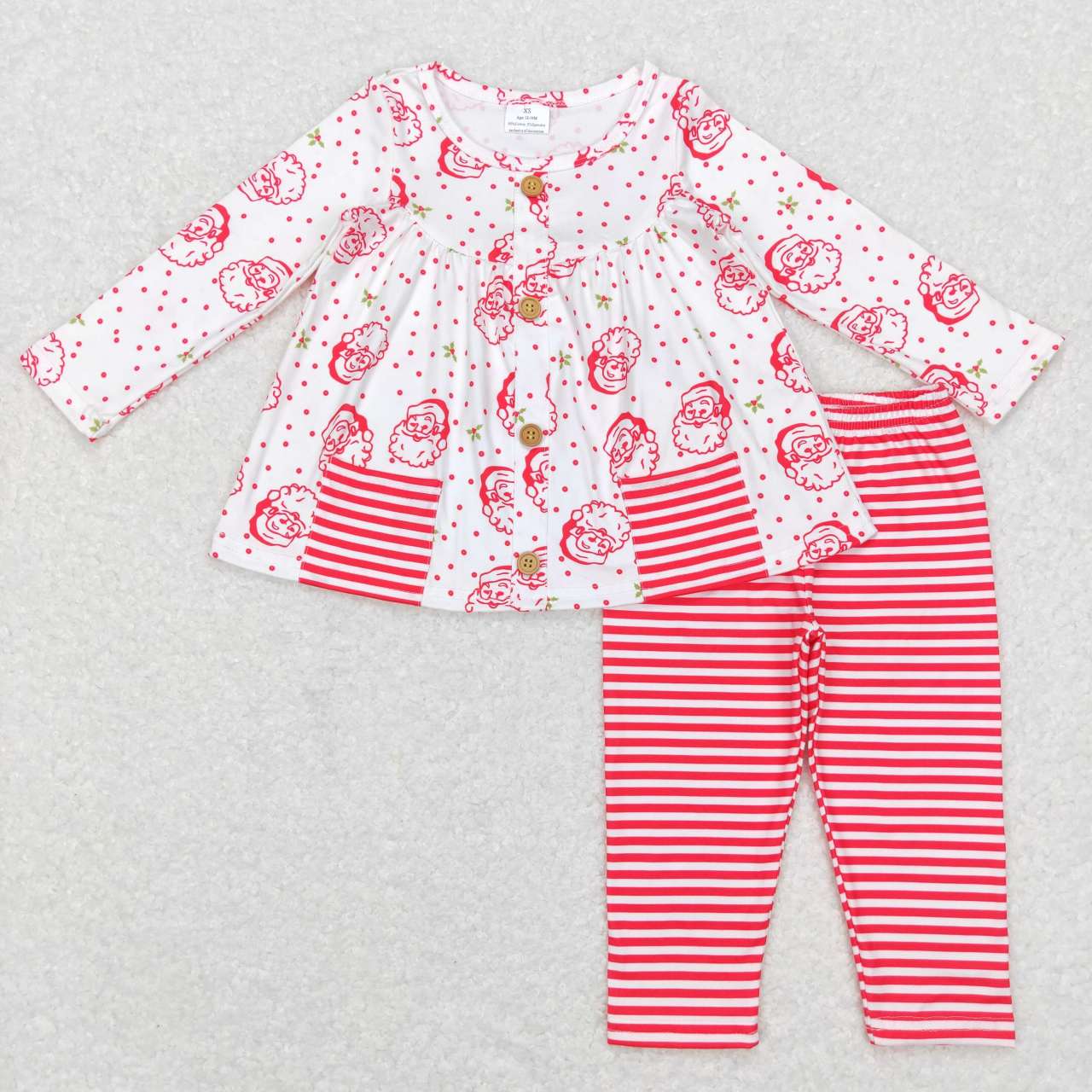 Sibling Baby Girls Santa Candy Cane Trees Pockets Button Tunic Pants Christmas Clothes Sets