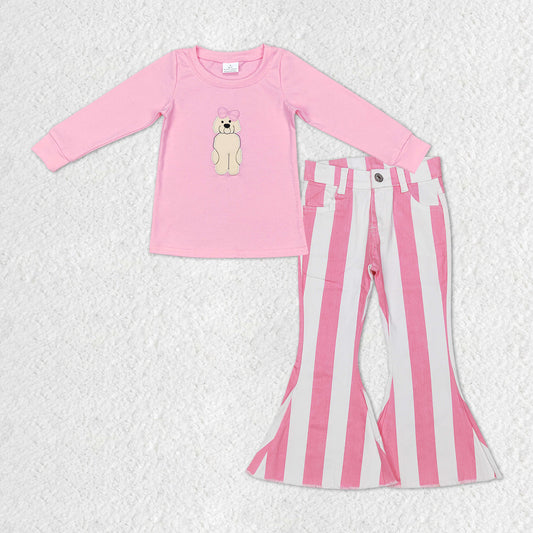 GLP1147 baby girl clothes embroidered dog bow pink girl denim bell bottoms outfit