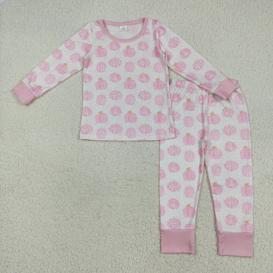 GLP1188 Bamboo Baby Girls Pink Pumpkins Plaid Top Pants Fall Pajamas Sets