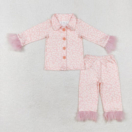 GLP1258 baby girls light pink leopard fur button up pajamas sets