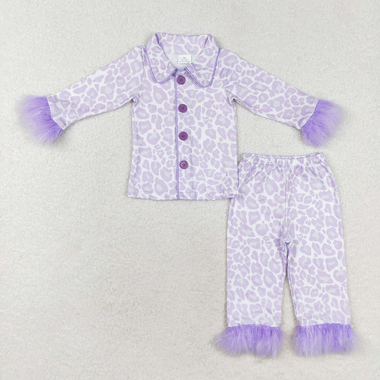 GLP1259 baby girls lavender leopard fur button up pajamas sets