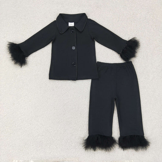 GLP1260 baby girls black cotton fur button up pajamas sets