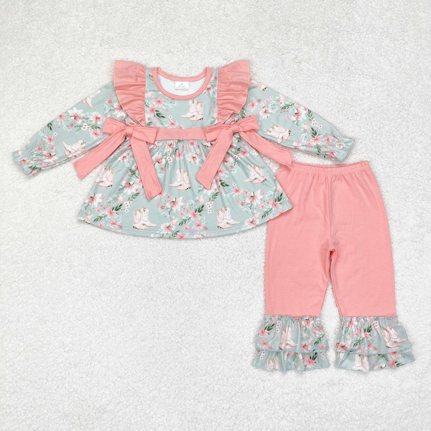 Sibling Baby Girls Long Sleeves Floral Bows Tunic Ruffle Pants Clothes Sets