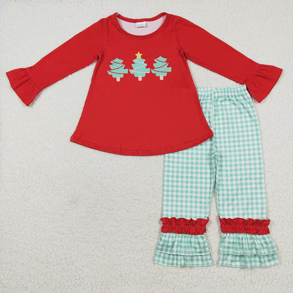 Sibling Baby Girls Long Ruffle Sleeves Santa Gingerbread Trees Tunic Pants Christmas Clothes Sets