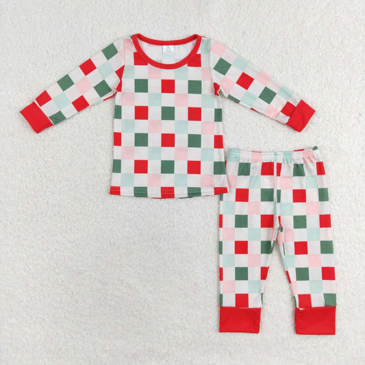 GLP1352 Baby Girls Green Red Checked Top Pants Christmas Pajamas Set