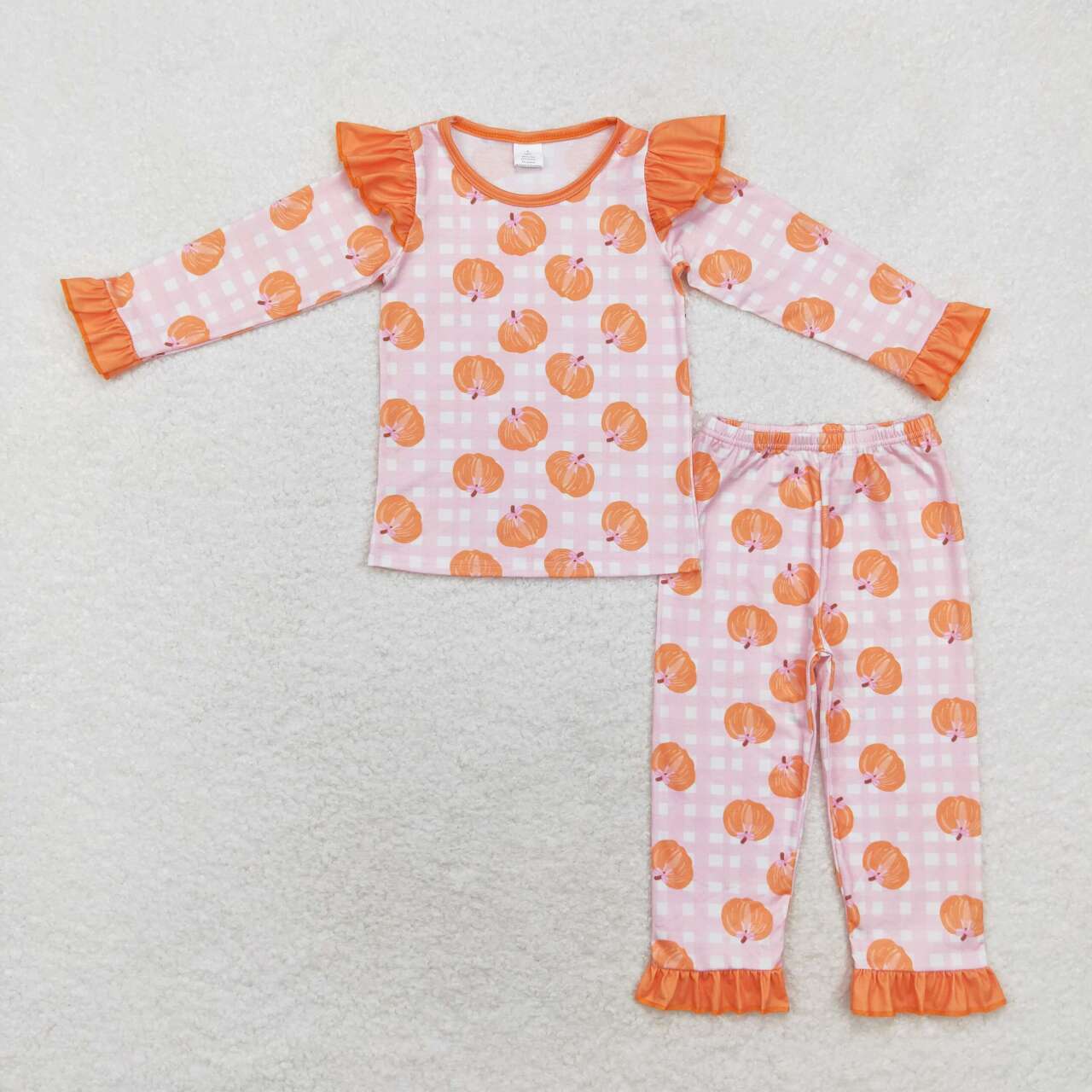 GLP1362 Bamboo Baby Girls Pink Checked Pumpkins Top Ruffle Pants Fall Pajamas Sets