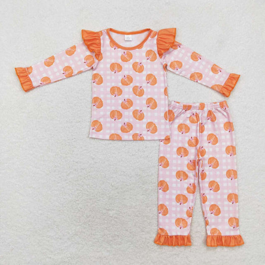 GLP1362 Bamboo Baby Girls Pink Checked Pumpkins Top Ruffle Pants Fall Pajamas Sets