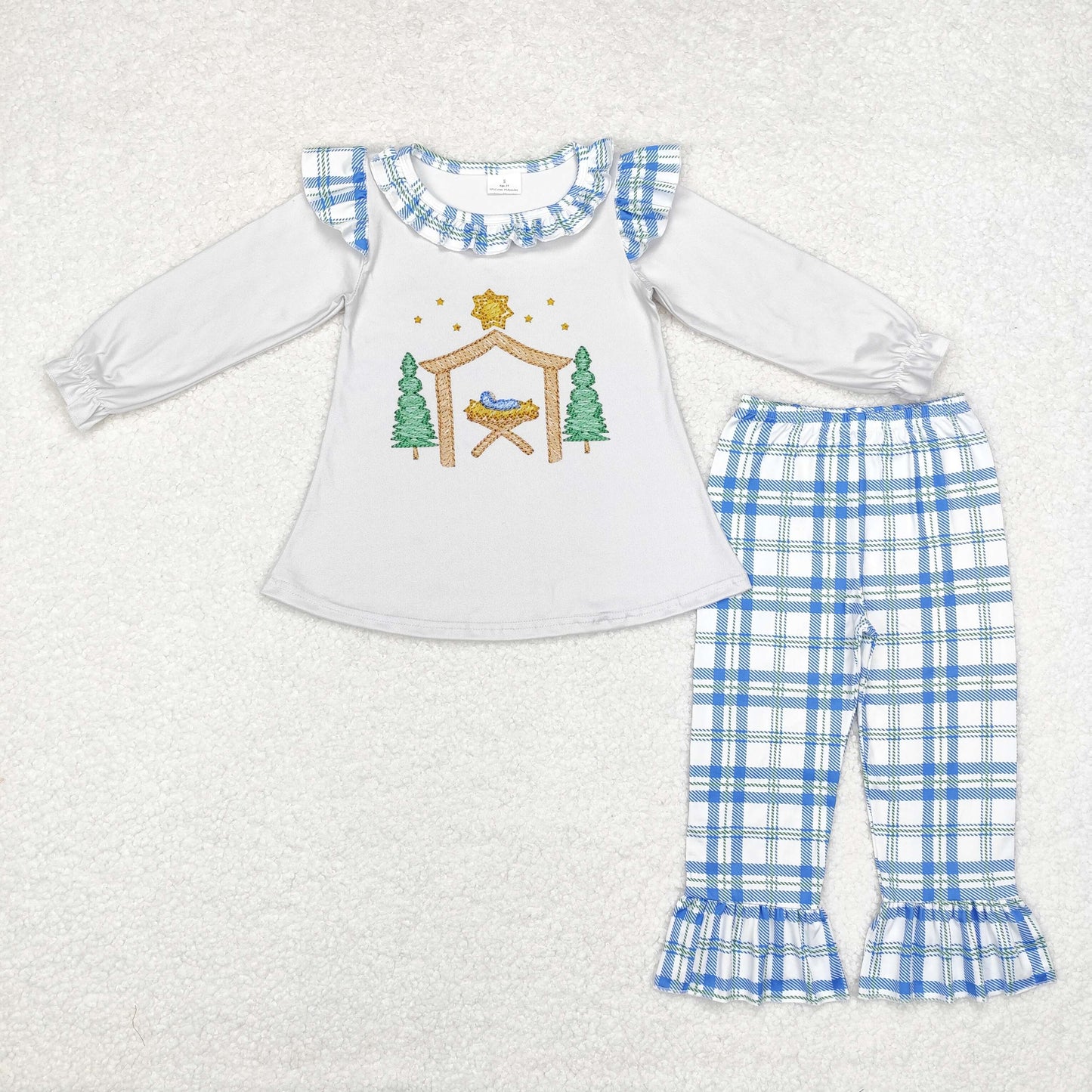 Sibling Baby Girls Long Ruffle Sleeves Santa Gingerbread Trees Tunic Pants Christmas Clothes Sets