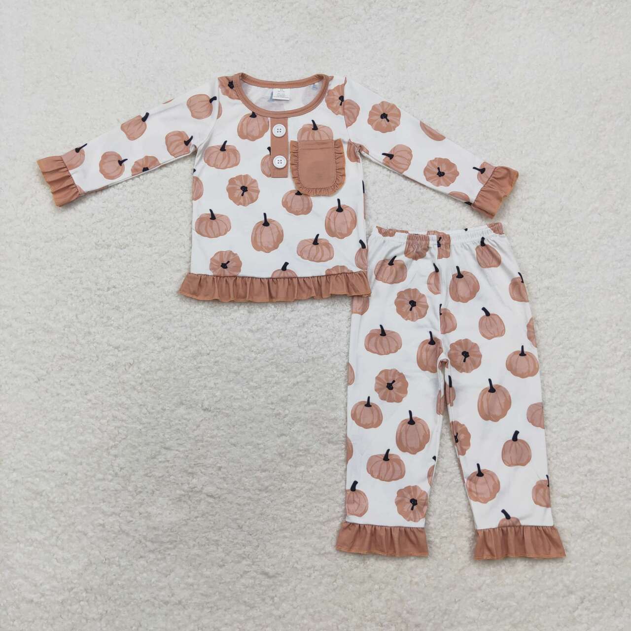 GLP1402 Bamboo Baby Girls Pumpkins Plaid Button Pocket Top Ruffle Pants Fall Pajamas Sets