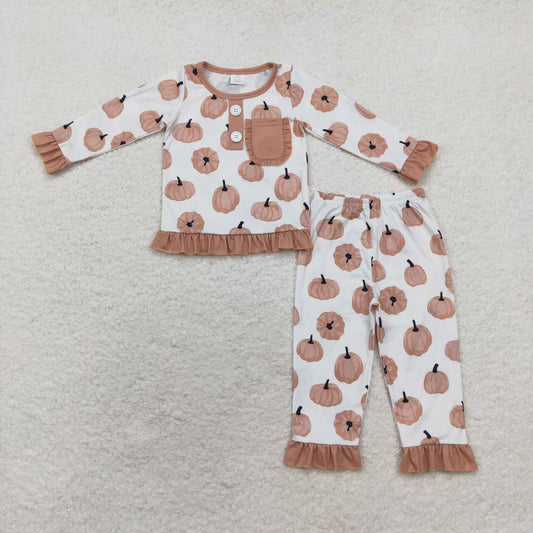 GLP1402 Bamboo Baby Girls Pumpkins Plaid Button Pocket Top Ruffle Pants Fall Pajamas Sets