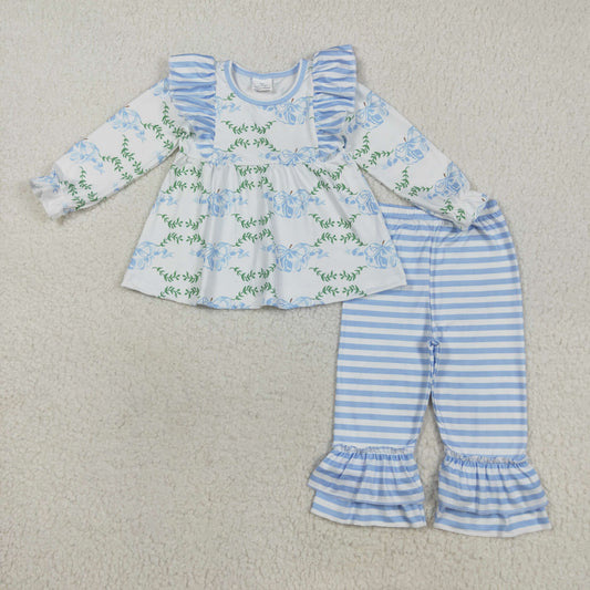 GLP1548 Baby Girls Blue Bows Pumpkins Checked Tunic Stripe Leggings Fall Clothes Sets
