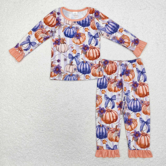 GLP1619 Bamboo Baby Girls Bows Pumpkins Top Ruffle Pants Fall Pajamas Sets
