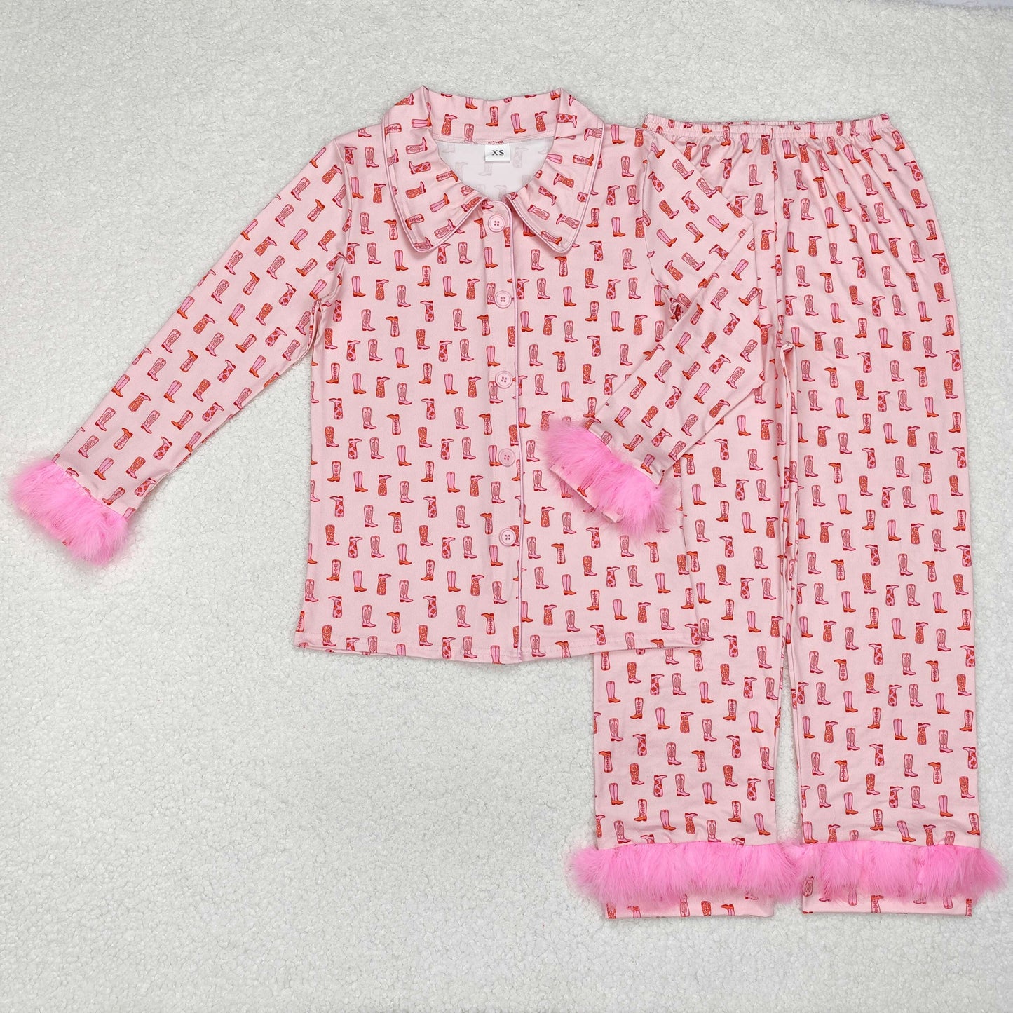 GLP1869 Adult Women Pink Boots Plaid Button Top Pants Western Fur Sleeve Pajamas Set