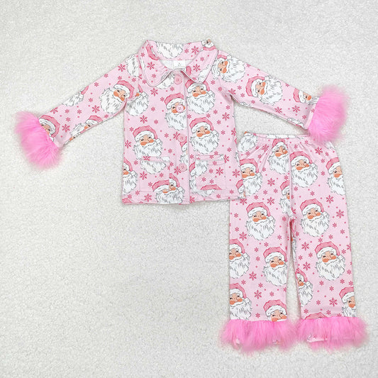 GLP1900 baby girls Christmas pink santa fur button up pajamas sets
