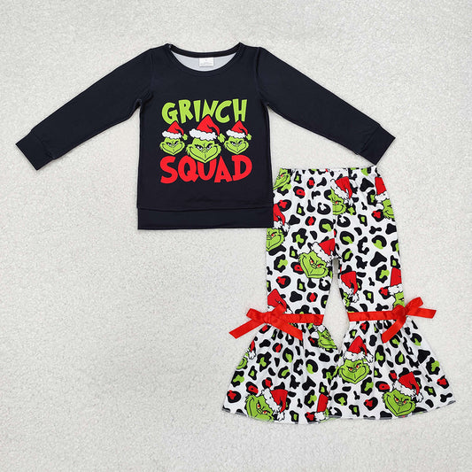 GLP1915 Baby Girls Grin Leopard Top Bell Bottom Pants Christmas Clothes Sets