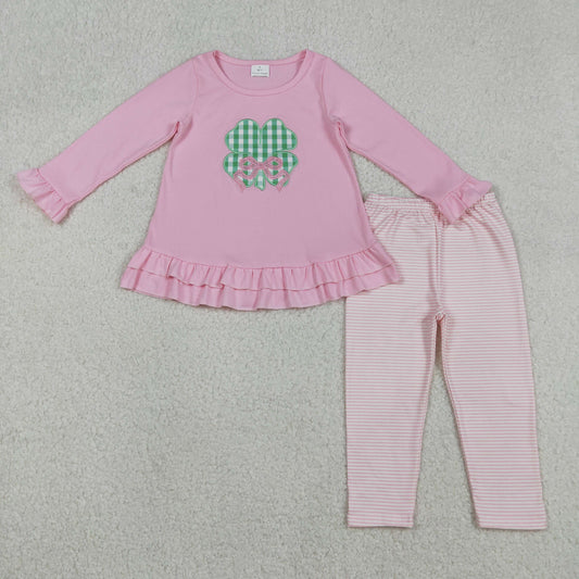 GLP2210 Baby Girls Embroidery Bows Clovers Tunic Stripe Leggings St Patrick Clothes Sets