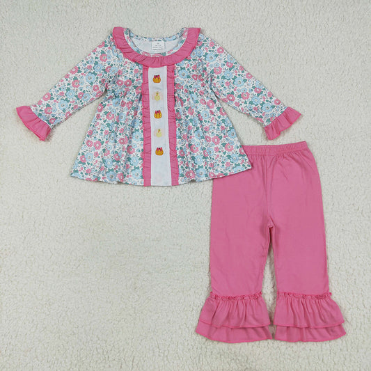 GLP2352 baby girl floral thanksgiving turkey long sleeve tunic pants sets