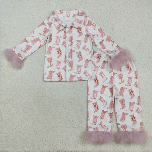 GLP2359 Baby Girls Bows Boots Fur Sleeve Button Pajamas Sets