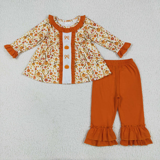 GLP2361 baby girl floral thanksgiving pumpkins long sleeve tunic pants sets