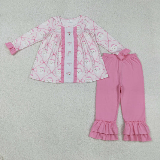 GLP2364 Baby Girls Embroidery Bows Santa Checked Tunic Ruffle Pants Christmas Clothes Sets