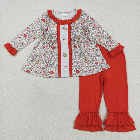 GLP2365 Baby Girls Embroidery Cookie Santa Floral Tunic Ruffle Pants Christmas Clothes Sets