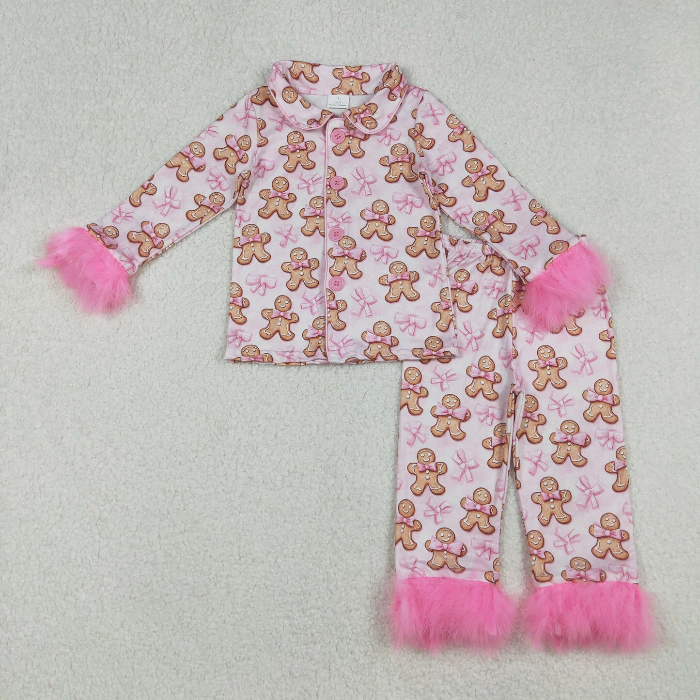 GLP2374 Baby Girls Bows Gingerbread Button Top Pants Fur Sleeve Christmas Pajamas Sets