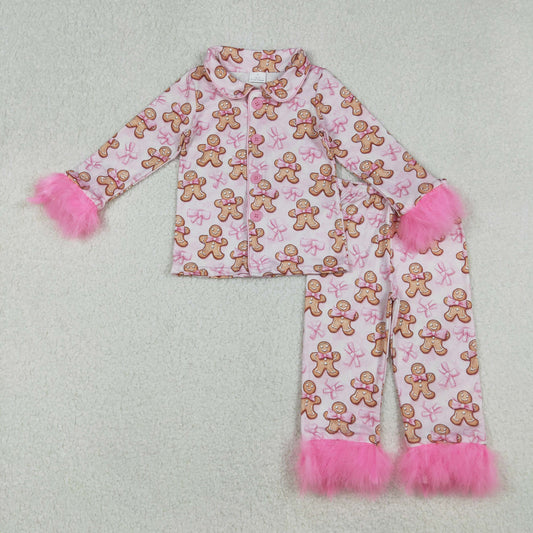 GLP2374 Baby Girls Bows Gingerbread Button Top Pants Fur Sleeve Christmas Pajamas Sets