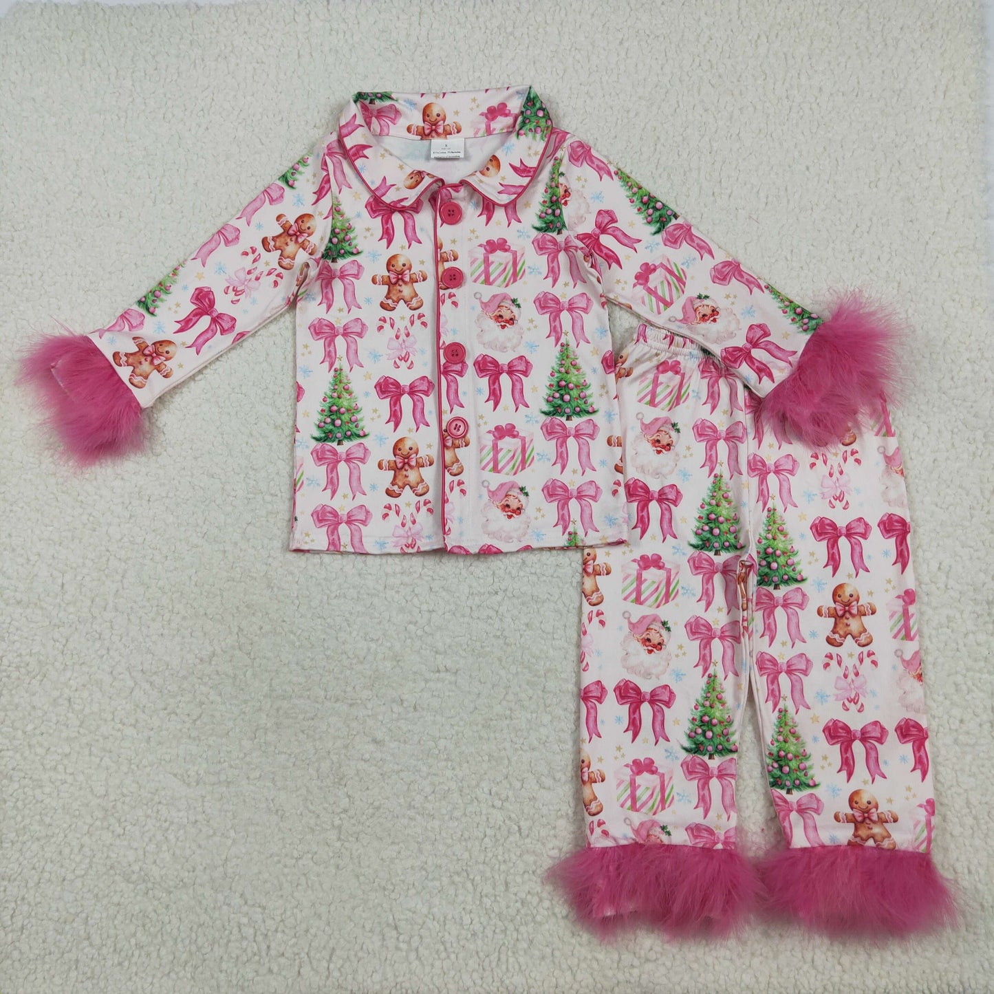 Mama and Me Pink Bows Santa Trees Button Top Pants Christmas Fur Pajamas Sets