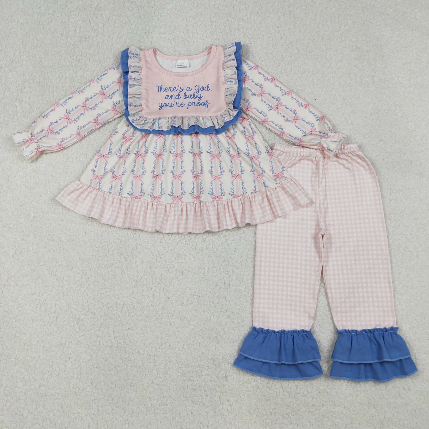 GLP2379 Baby Girls Pink Bows Flowers Stripe Tunic Checked Ruffle Pants Clothes Sets