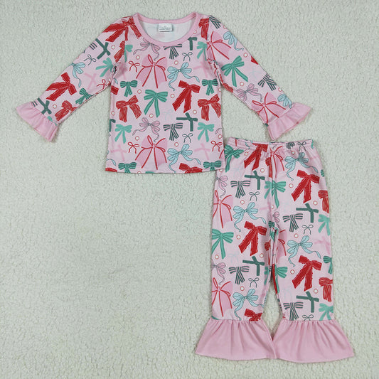 GLP2413 toddler girls clothes pink green bows pajamas sets