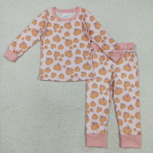 GLP2416 Baby Girls Pink Bows Pumpkins Plaid Top Pants Fall Pajamas Sets