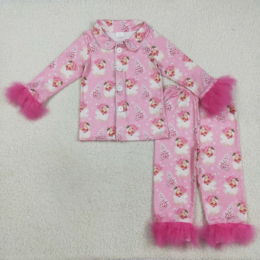 GLP2424 Baby Girls Trees Santa Button Top Pants Fur Sleeve Christmas Pajamas Sets