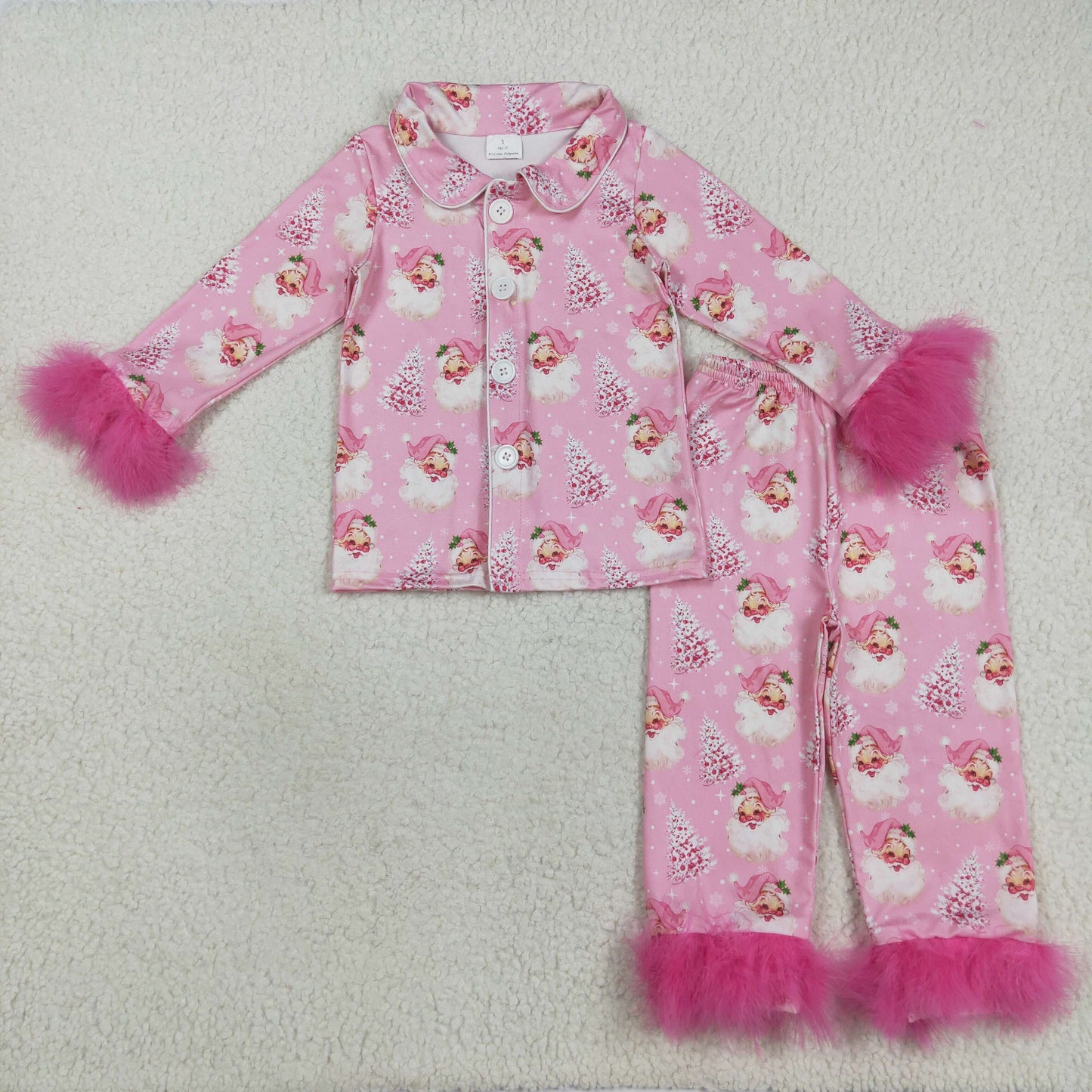 Mama and Me Pink Trees Santa Button Top Pants Christmas Fur Sleeve Pajamas Sets