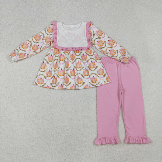 GLP2427 Baby Girls Long Sleeve Bows Pumpkins Checked Tunic Ruffle Pants Fall Clothes Set