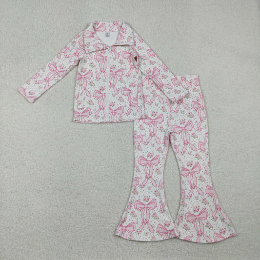 GLP2440 Baby Girls Pink Bows Flowers Zipper Jacket Bell Bottom Pants Yoga Active Clothes Sets