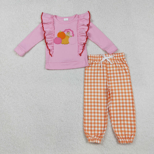 GLP2442 Baby Girls Embroidery Turkey Pumpkins Top Checked Pants Thanksgiving Clothes Sets