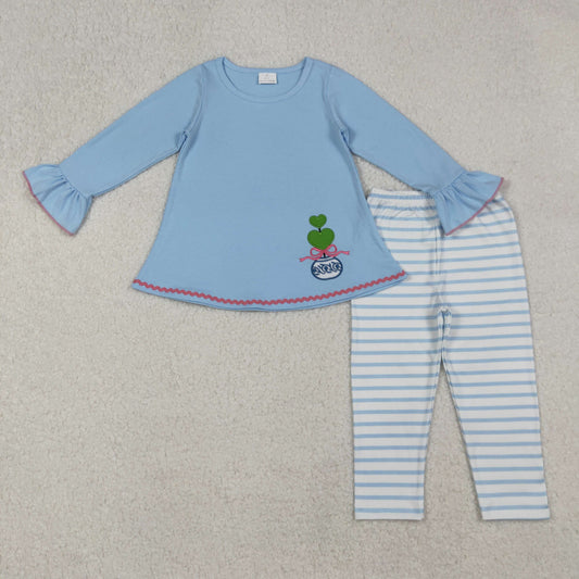 GLP2465 Baby Girls Embroidery Bow Plants Tunic Blue Stripe Pants Clothes Sets