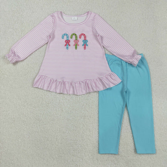GLP2468 Baby Girls Embroidery Bows Candy Cane Tunic Leggings Christmas Clothes Sets