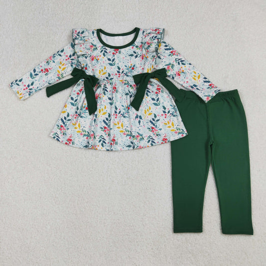 GLP2476 Baby Girls Green Floral Bows Tunic Leggings Pant Clothes Sets