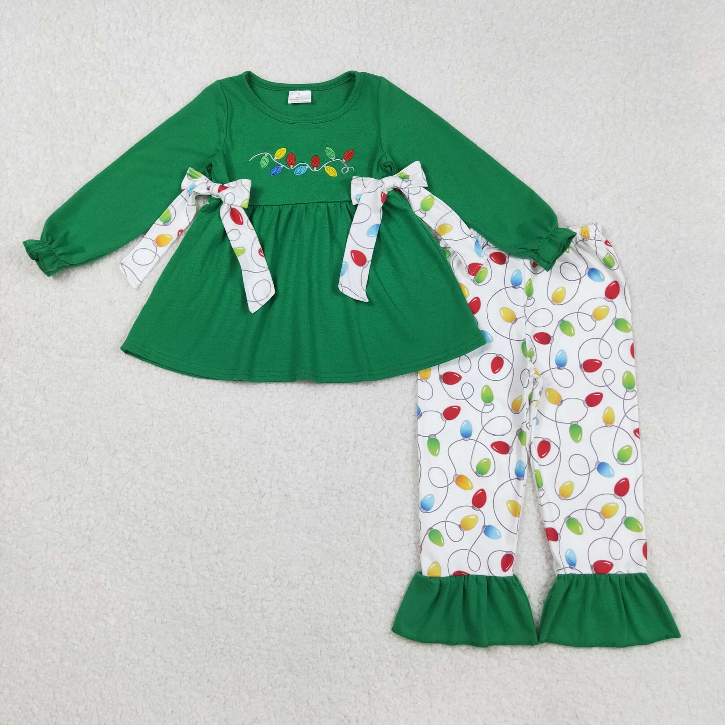 Sibling Baby Girls Embroidery Santa Nativity Candy Cane Lights Tunic Pants Christmas Clothes Sets