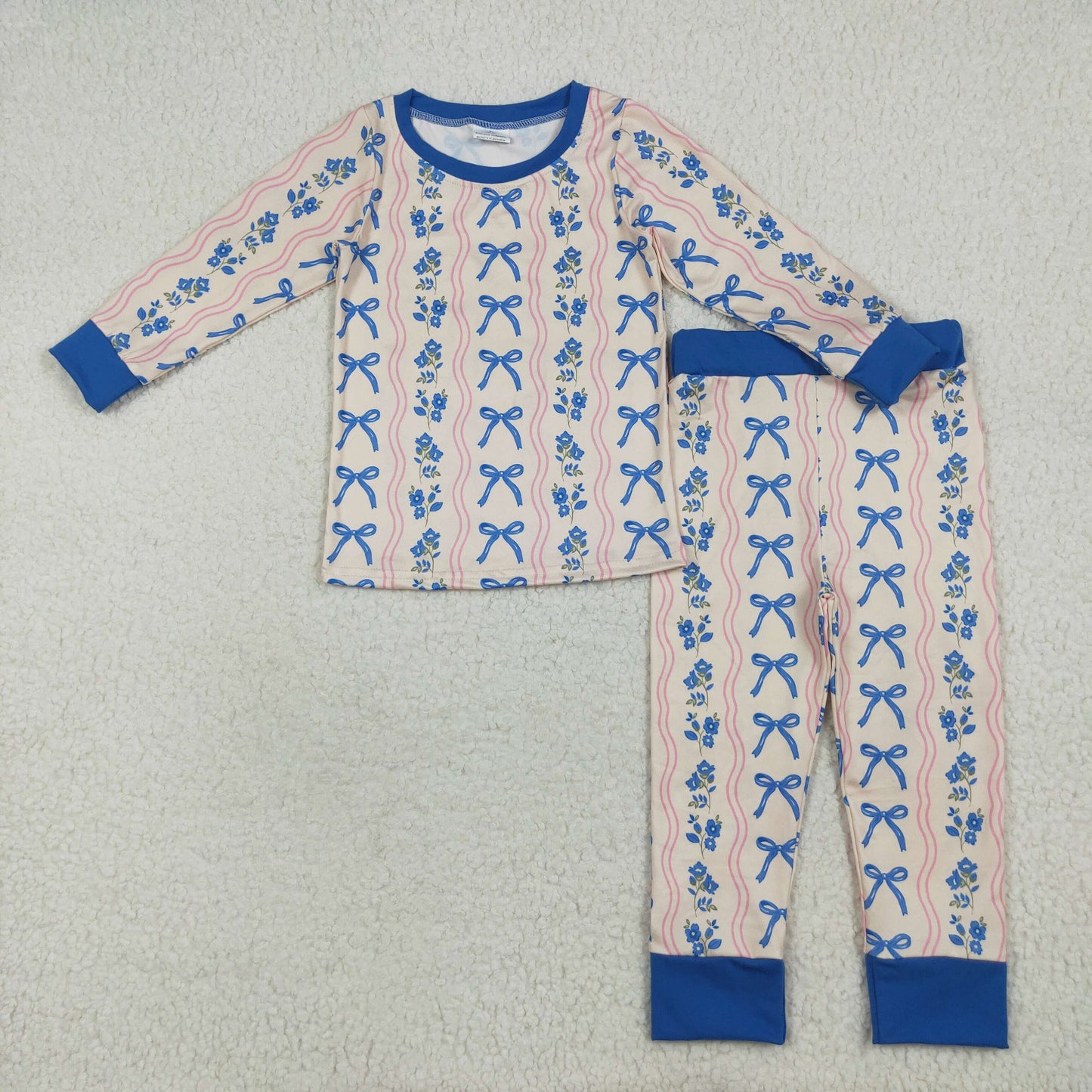 Sibling Baby Girls Blue Bows Flower Stripe Rompers Pajamas Sets